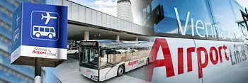 Bus der Vienna Airportlines am Parkplatz, im Hintergrund Flughafentower