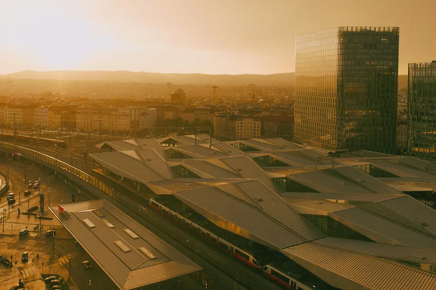 Wien Hauptbahnhof, Blick von oben auf die Dachkonstruktion 