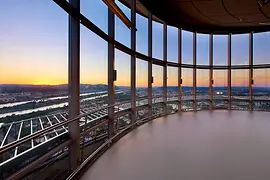 Donauturm Indoor Terrace event room with floor-to-ceiling glass windows and views of Vienna